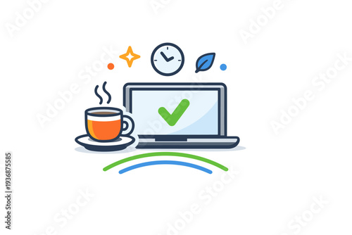 Daily productivity tools conveying balanced workflow with a laptop, coffee cup, and subtle sparkles arranged as a friendly badge, suggesting sustainable pace