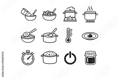 Jam Cooking Process. Line icon set of Jam Cooking Process: measuring ingredients, fruit and sugar mix, heating stove, simmering pot, foam skimming spoon,