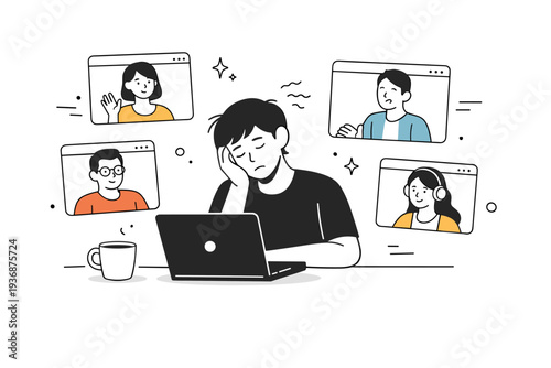 Zoom exhaustion. A tired person sitting in front of a laptop with multiple video call windows floating around. The scene shows mental fatigue and quiet