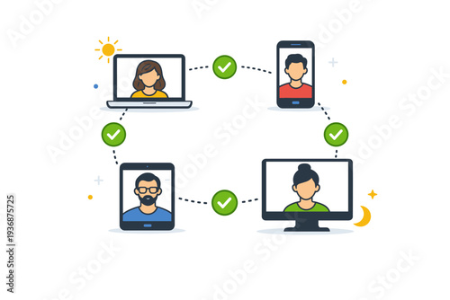 Asynchronous work shown through team avatars placed on separate screens linked by dotted lines and checkmarks. The illustration represents
