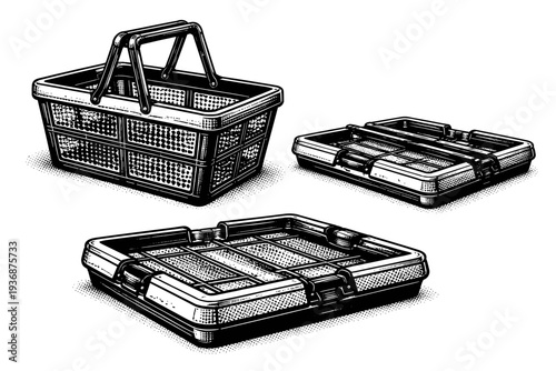 Shopping Basket ? collapsible basket. A collapsible shopping basket with hinged sides and structured base, represented as the same basket displayed in three