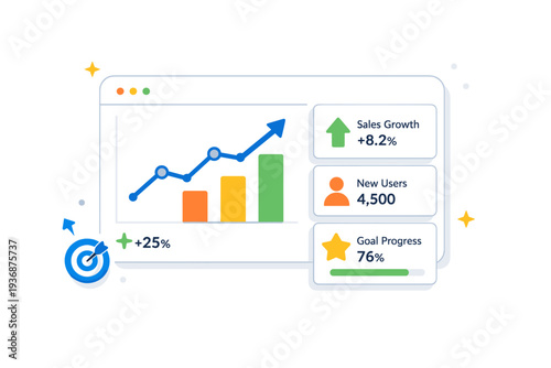 Data analytics dashboards focused on performance tracking with a dashboard panel showing rising metrics and simple indicators, expressing growth, clarity, and