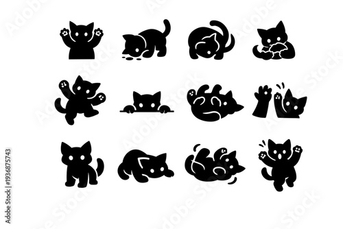 Cute Kitten Actions. Solid icon set of Cute Kitten Actions: batting paws, curious sniff, tail chase, playful bite, hopping kitten, peekaboo pose, kitten