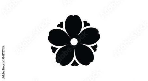 A minimalist black flower with five rounded petals and a circular center on a white background