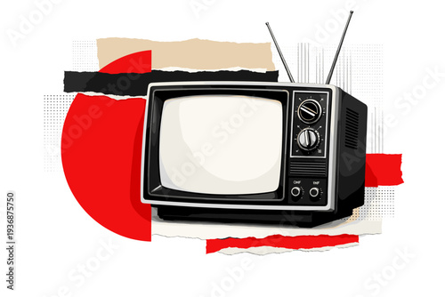 Black and white vintage TV mockup angled slightly to the side, completely blank screen, large red semicircle intersecting the frame, geometric rectangular