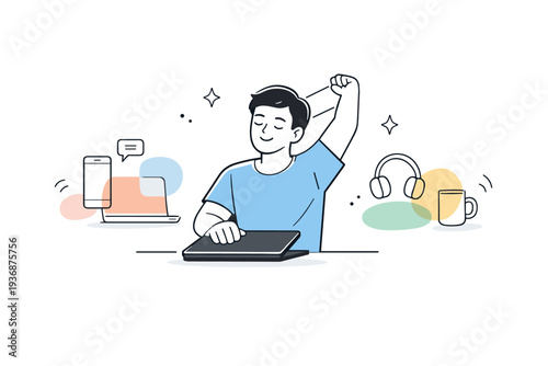 Need for digital rest. A person closing a laptop and stretching calmly, devices fading into simple abstract shapes. Gentle transition from online activity to