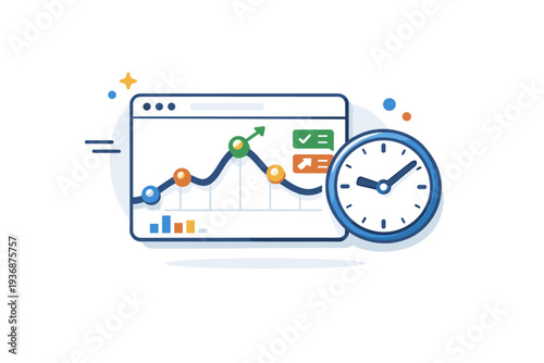 Digital marketer analytics screen expressing real time performance monitoring, illustrated by a line graph with dynamic points, clock icon and subtle motion