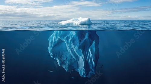 Iceberg showing underwater section. Global warming climate change concept. Hidden danger beneath the surface of the ocean for education.
