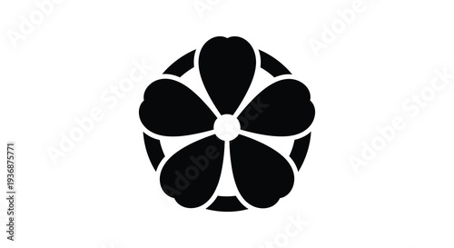 A stylized black flower illustration with six petals and a central circular element on a white background