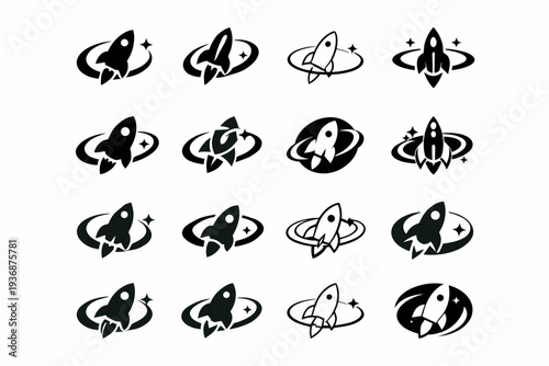 Rocket. Icon set. Set Logo of rocket: rocket in orbit. harmonious logo variations of the same emblematic concept, each with different artistic interpretation