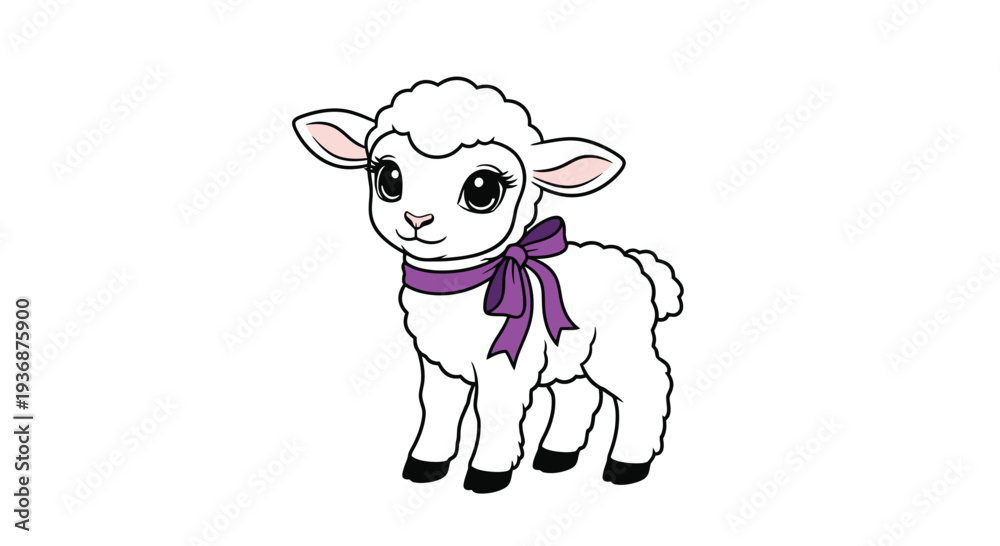 Obraz premium Cute Lamb with Purple Bandana in Cartoon Style