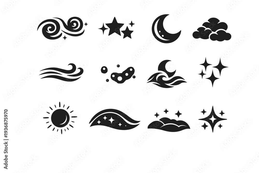 Fototapeta premium Dreamy Night. Solid icon set of Dreamy Night: swirling night sky, dreamy stars, soft moon, floating clouds, night breeze lines, glowing dots, fantasy night
