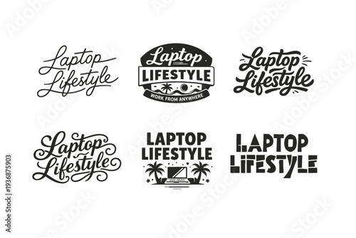 Laptop Lifestyle. Set lettering. harmonious lettering variations of the same emblematic concept, each with different artistic interpretation (Modern minimal