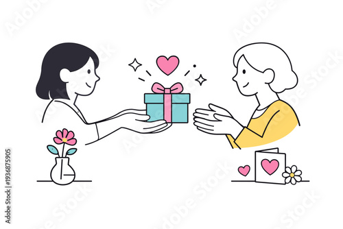 Mother?s Day gift moment. A tidy editorial scene with hands giving flowers or a small gift, conveying gratitude and affection. Calm interaction, simple props,