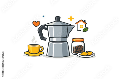 Coffee brewing methods visualized as a calm and minimal scene with a moka pot symbol suggesting tradition, home rituals and timeless taste. The illustration
