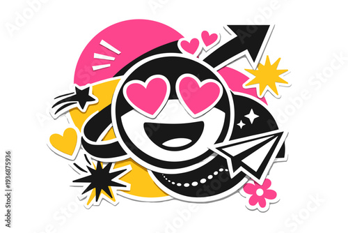 A dynamic graphic collage showing a black and white heart-eyes emotion face intersected by semicircles, arrows and playful abstract symbols