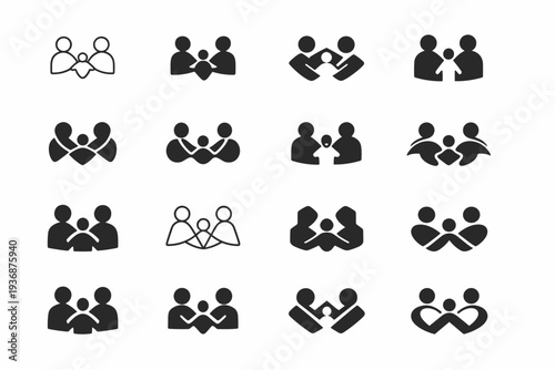 Co-parenting in separated families. Icon set. Set Logo of Co-parenting in separated families: linked adult figures. harmonious logo variations of the same