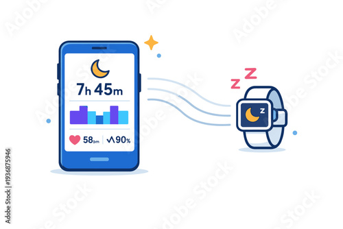 Smart sleep tracker app represented by a phone screen connected to a wearable icon and soft signal lines indicating automatic night data collection. The