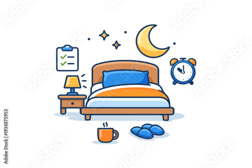 Sleep hygiene evening routine centered on a calm bedroom scene with a bed, bedside lamp, and moon icon, conveying preparation, consistency, and a peaceful