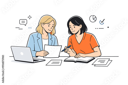 Women in the workplace. Female colleagues collaborating at a desk with documents and a laptop, focused and respectful interaction. Calm productivity and