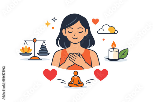 Female empowerment expressing self-care and emotional strength shown through a calm female figure with heart or wellness accents, communicating balance and