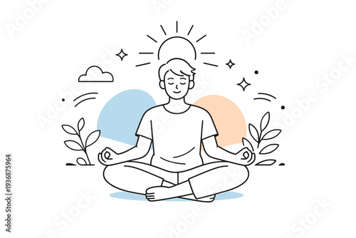 Mindfulness practice. A person sitting in a yoga pose with closed eyes, relaxed body language and steady posture. Sun rays, plants, and abstract shapes enhance