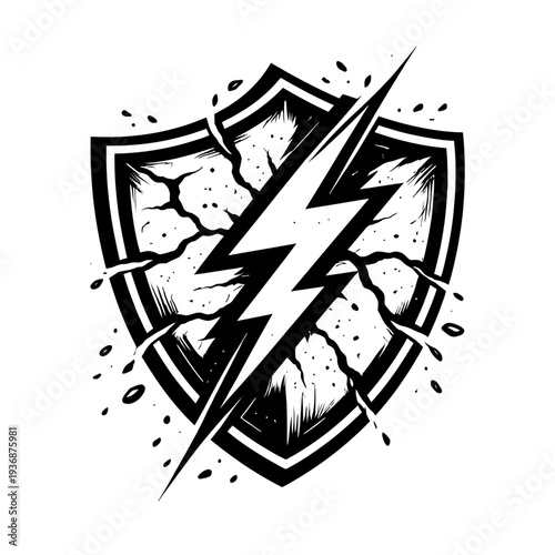 Powerful monochrome shield emblem shattered by a dynamic lightning bolt strike, featuring distressed cracks, explosive impact splatters, and grunge texture. An iconic symbol of overwhelming force, ene