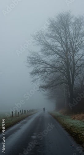 Dense, heavy seasonal fog obscuring a quiet landscape. The atmosphere is damp, cold, and mysterious, suggesting deep winter weather ,quiet ,winter ,mysterious