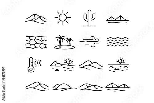 Desert. Line icon set of Desert: sand dunes, desert sun, cactus, desert horizon, dry ground cracks, oasis palm, desert wind, sand ripples, hot temperature,