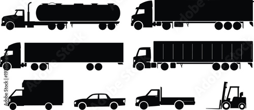 Truck and logistics vehicle silhouette set including tanker, cargo truck, delivery van, pickup and forklift for transportation, freight shipping industry vector icons