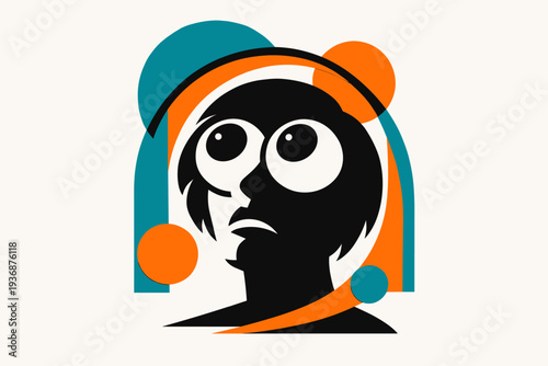 A conceptual black and white face silhouette with oversized rolling eyes as the focal point, layered cut-paper collage look, curved geometric frames and offset