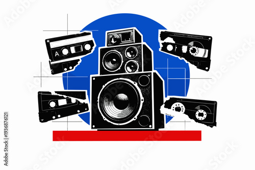 black and white retro speaker stack cut-out with white outline, bold electric blue circle behind the speakers, fragmented cassette tape elements layered across