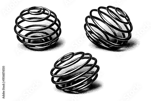 Protein shaker bottle mixing ball shown resting, tilted, and rotated to different angles with accurate wire form and scale. Black and white dot style with