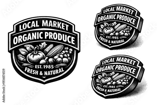 Local market badge ? organic produce market emblem. A realistic organic produce market badge presented as a single object in three views emphasizing natural