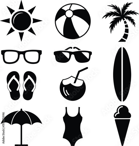 Summer beach vacation icon set, sun palm tree surfboard sunglasses flip flops coconut umbrella swimsuit ice cream vector silhouette collection