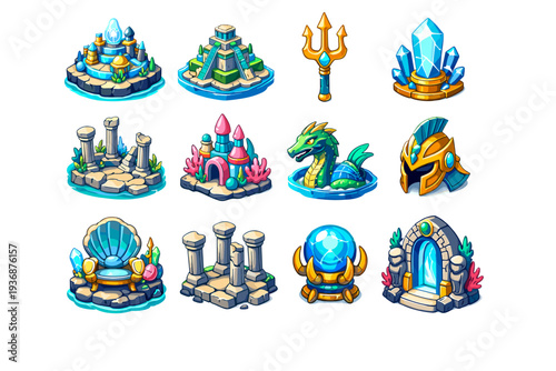 Atlantean Myth. Colorful isometric vector icons set of atlantean myth: underwater city, ancient temple, trident, glowing crystal, sunken ruins, coral palace,