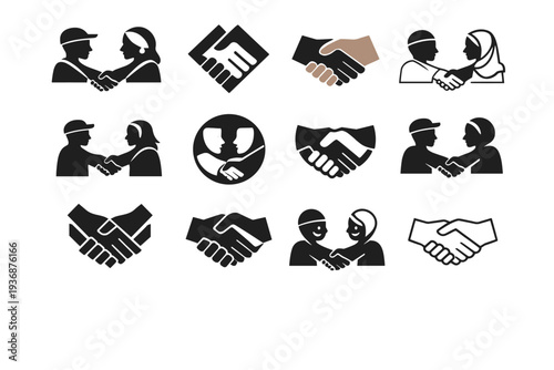 Street scenes reflecting multicultural interactions. Icon set. Set Logo of Street scenes reflecting multicultural interactions: cross-cultural handshake.