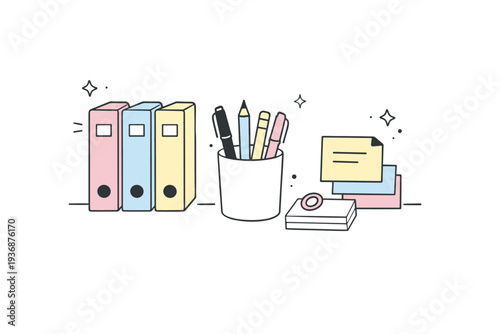 Cute desk essentials. A minimal workspace with pastel folders, pens in a cup, and sticky notes, visually balanced and calm. Soft daily routine and pleasant