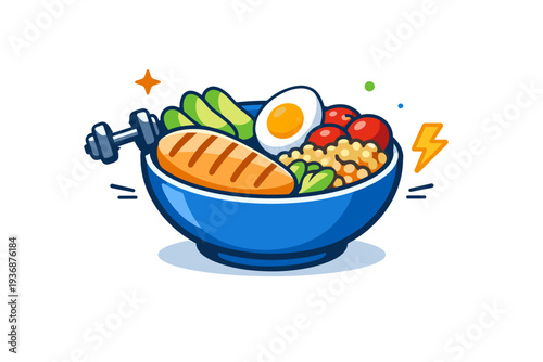 Healthy breakfast bowls for active lifestyle represented by a bowl with protein-rich ingredients and small motion accents, suggesting strength and sustained
