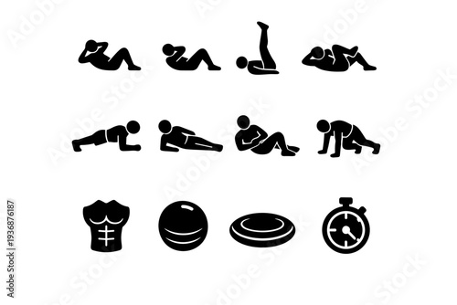 Core Tabata. Solid icon set of Core Tabata: sit ups, crunches, leg raises, bicycle crunch, plank hold, side plank, russian twist, mountain climber, core muscle
