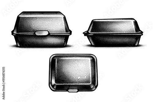 Burger box closed profile, a single fast food burger box illustrated in three views including front profile, side profile, and top-down view with compact