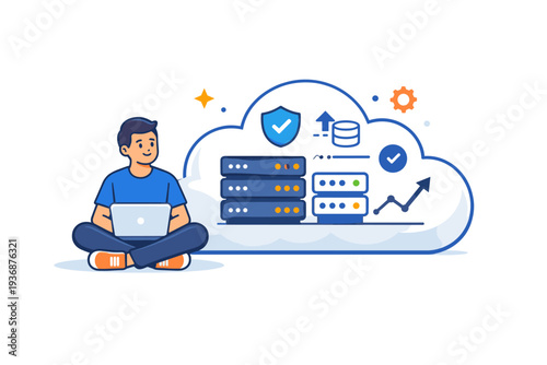 Cloud engineer cloud server conveyed through a calm character seated beside a cloud filled with minimal server icons, expressing stability, uptime, and