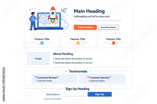 Website wireframe blocks illustrating landing page design with a clear hero section and supporting content areas, expressing hierarchy, messaging,