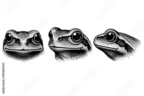 European tree frog head, realistic amphibian head with smooth skin and large eyes shown from front view, three-quarter view, and side profile with accurate