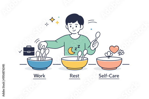 Energy budgeting mindset. A person dividing spoons across work, rest, and care icons, representing conscious energy balance. Structured but calm scene with