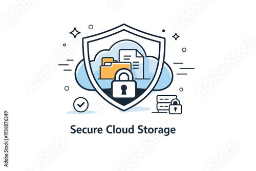 Secure cloud storage. A cloud icon wrapped by a shield, files safely stored inside. Calm modern tech scene with clear security message. Minimalist flat vector