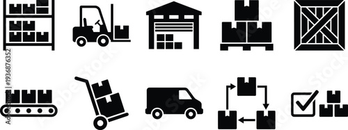 Warehouse and logistics icon set featuring forklift pallet boxes delivery van conveyor storage packaging supply chain vector silhouette symbols