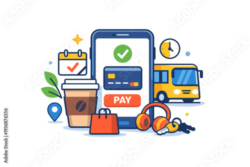 Mobile payment methods as part of daily routine illustrated by a phone with small lifestyle icons like coffee or transport, expressing seamless integration