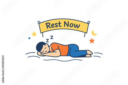 Rest as resistance conveyed through a figure napping beneath a small banner reading Rest Now surrounded by stars and calm lines. The scene communicates
