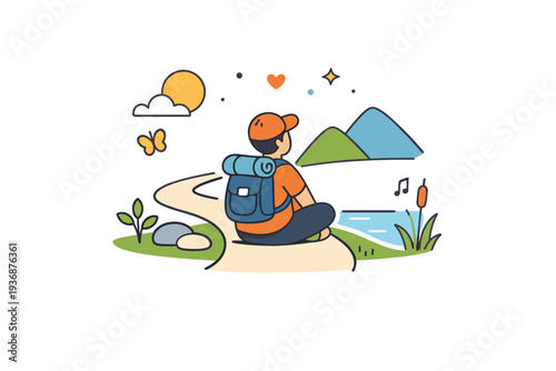 Slow travel embracing mindful exploration and presence, shown through a relaxed traveler pausing on a scenic path with a small backpack and calm nature